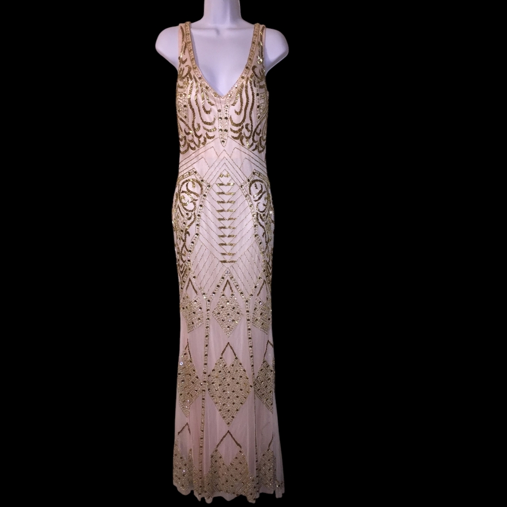 Lotus Threads Deep V-Neck Beaded Gown Petal Pink